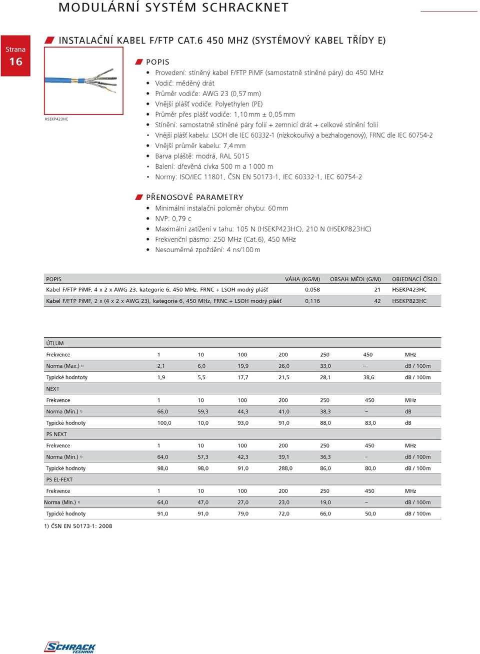 (PE) Průměr přes plášť vodiče: 1,10 mm ± 0,05 mm HSEKP423HC Stínění: samostatně stíněné páry folií + zemnicí drát + celkové stínění folií Vnější plášť kabelu: LSOH dle IEC 60332-1 (nízkokouřivý a