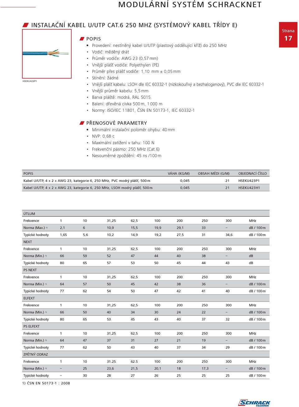 Polyethylen (PE) Průměr přes plášť vodiče: 1,10 mm ± 0,05 mm Stínění: žádné Vnější plášť kabelu: LSOH dle IEC 60332-1 (nízkokouřivý a bezhalogenový), PVC dle IEC 60332-1 Vnější průměr kabelu: 5,5 mm