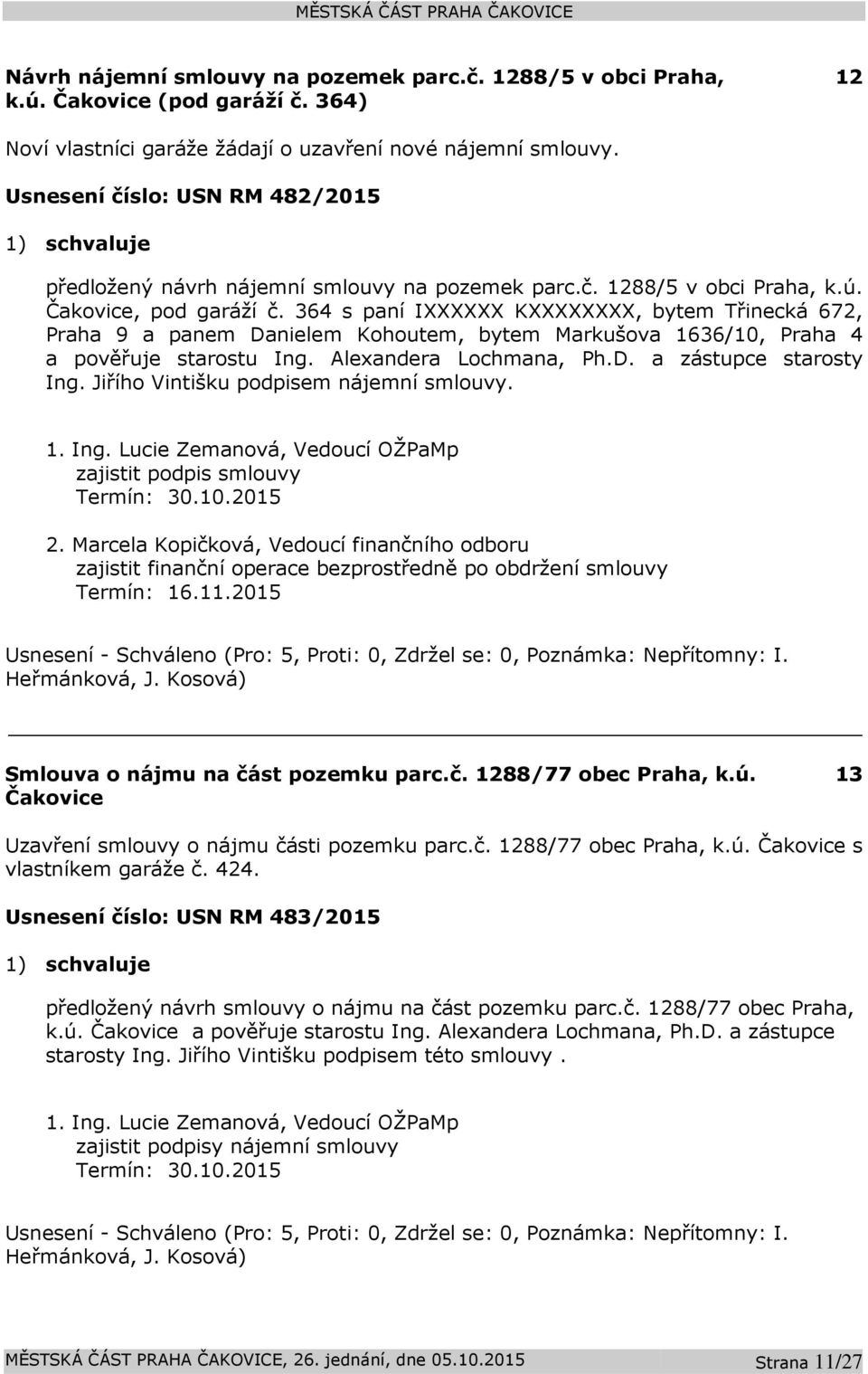364 s paní IXXXXXX KXXXXXXXX, bytem Třinecká 672, Praha 9 a panem Danielem Kohoutem, bytem Markušova 1636/10, Praha 4 a pověřuje starostu Ing. Alexandera Lochmana, Ph.D. a zástupce starosty Ing.