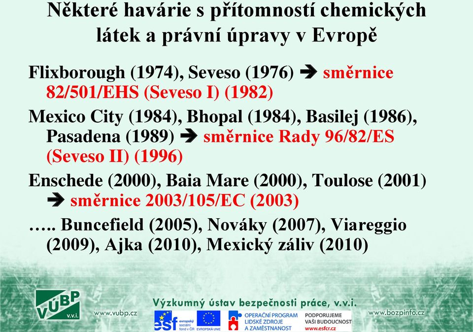 (1989) směrnice Rady 96/82/ES (Seveso II) (1996) Enschede (2000), Baia Mare (2000), Toulose (2001)