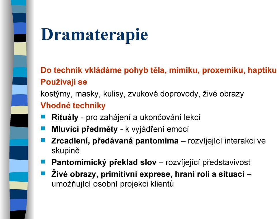 vyjádření emocí Zrcadlení, předávaná pantomima rozvíjející interakci ve skupině Pantomimický překlad slov