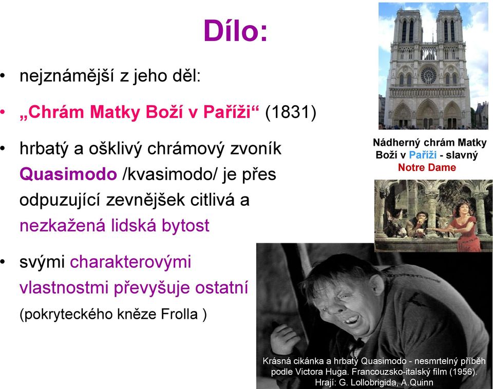 slavný Notre Dame svými charakterovými vlastnostmi převyšuje ostatní (pokryteckého kněze Frolla ) Krásná cikánka