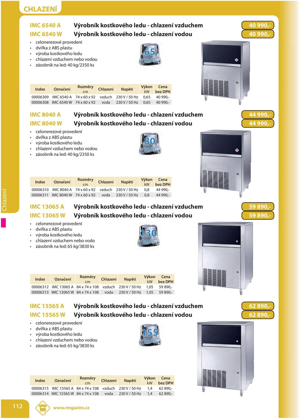 ledu - chlazení vodou 44 990,- zásobník na led: 40 kg/2350 ks 80 00006310 IMC 8040 A 74 x 60 x 92 vzduch 230 V / 50 Hz 0,8 44 990,- 00006311 IMC 8040 W 74 x 60 x 92 voda 230 V / 50 Hz 0,8 44 990,-