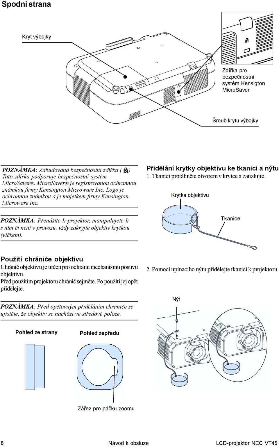 POZNÁMKA: Přenášíte-li projektor, manipulujete-li s ním či není v provozu, vždy zakryjte objektiv krytkou (víčkem). Přidělání krytky objektivu ke tkanici a nýtu 1.