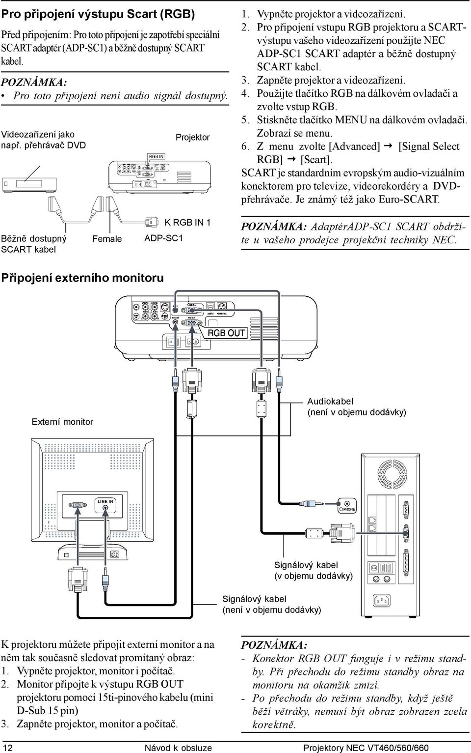Pro připojení vstupu RGB projektoru a SCARTvýstupu vašeho videozařízení použijte NEC ADP-SC1 SCART adaptér a běžně dostupný SCART kabel. 3. Zapněte projektor a videozařízení. 4.