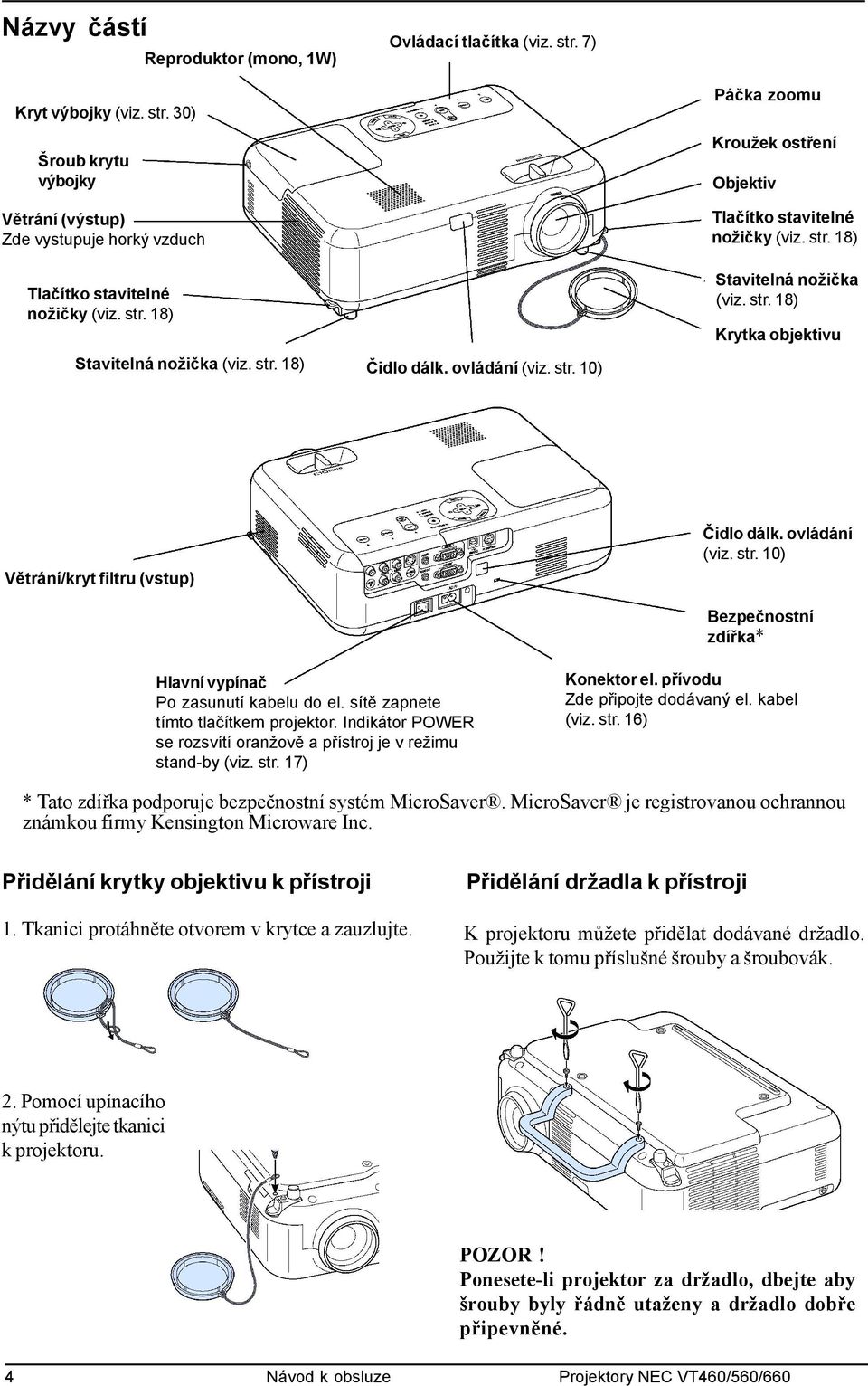 ovládání (viz. str. 10) Bezpečnostní zdířka* Hlavní vypínač Po zasunutí kabelu do el. sítě zapnete tímto tlačítkem projektor. Indikátor POWER se rozsvítí oranžově a přístroj je v režimu stand-by (viz.