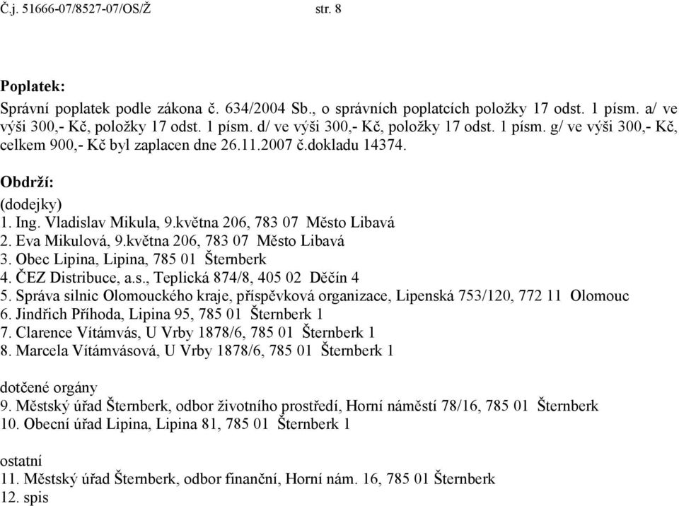 května 206, 783 07 Město Libavá 3. Obec Lipina, Lipina, 785 01 Šternberk 4. ČEZ Distribuce, a.s., Teplická 874/8, 405 02 Děčín 4 5.