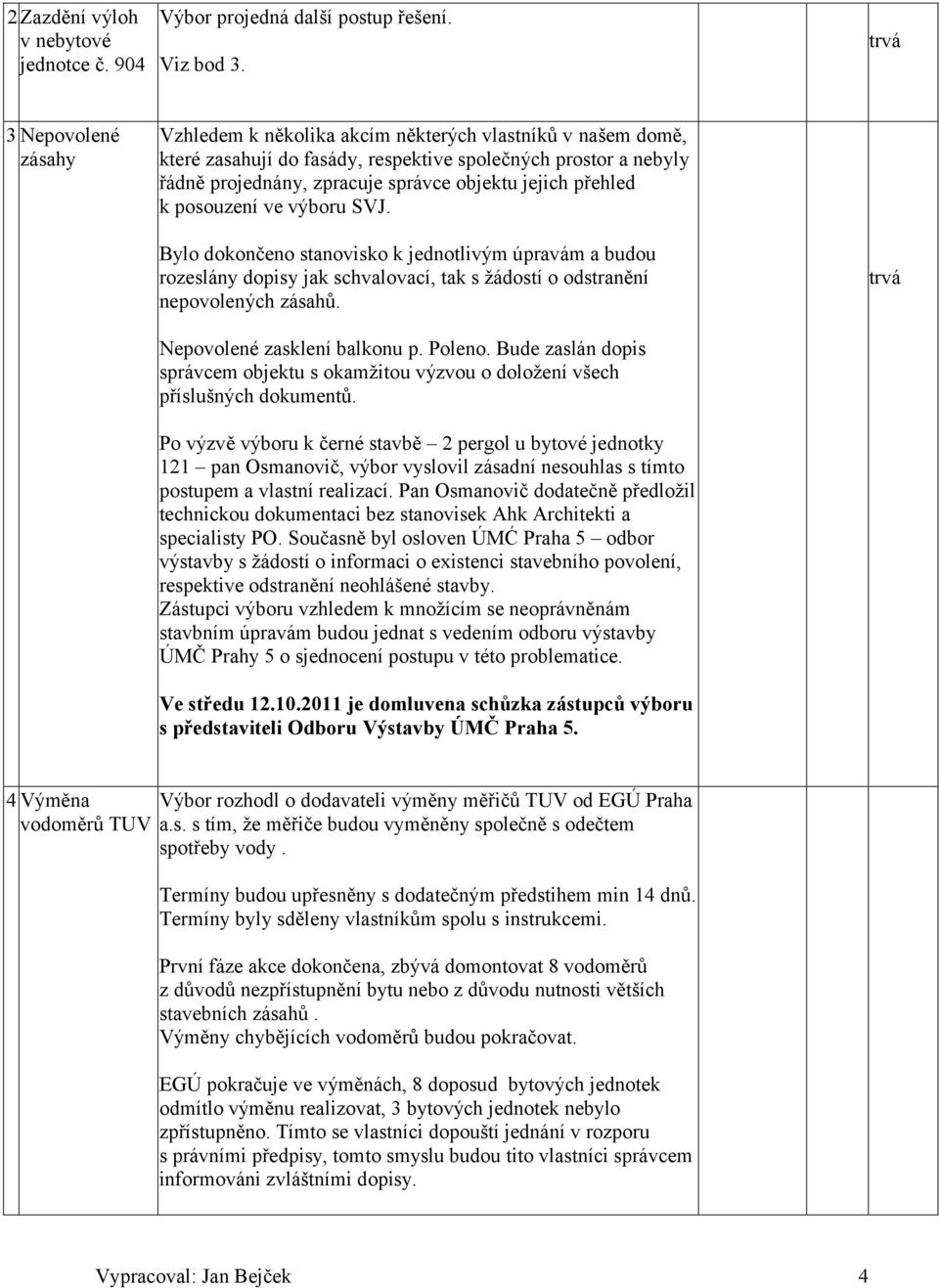 přehled k posouzení ve výboru SVJ. Bylo dokončeno stanovisko k jednotlivým úpravám a budou rozeslány dopisy jak schvalovací, tak s žádostí o odstranění nepovolených zásahů.