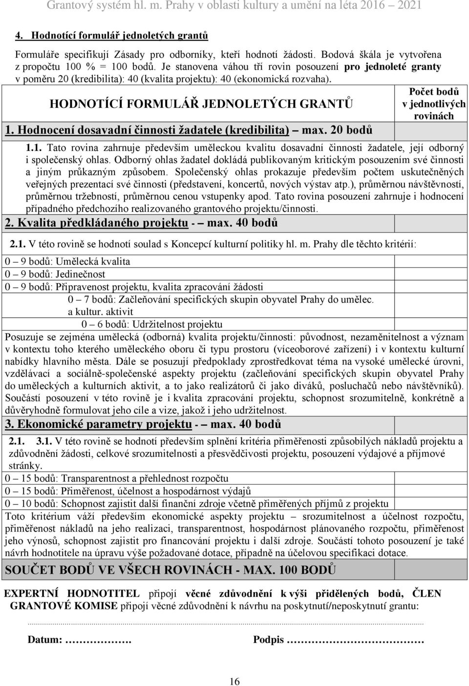 Počet bodů HODNOTÍCÍ FORMULÁŘ JEDNOLETÝCH GRANTŮ v jednotlivých rovinách 1. Hodnocení dosavadní činnosti žadatele (kredibilita) max. 20 bodů 1.1. Tato rovina zahrnuje především uměleckou kvalitu dosavadní činnosti žadatele, její odborný i společenský ohlas.