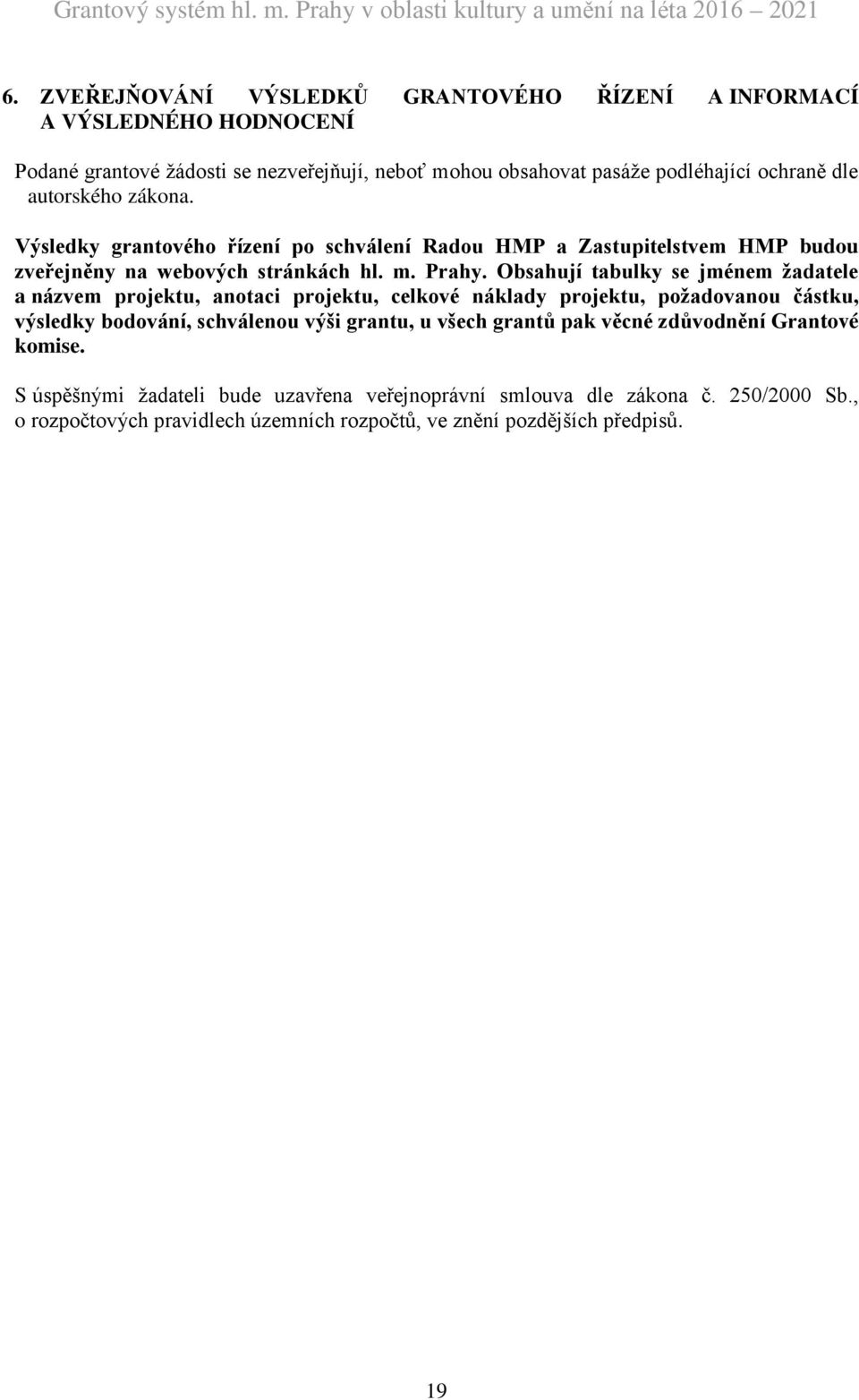 Obsahují tabulky se jménem žadatele a názvem projektu, anotaci projektu, celkové náklady projektu, požadovanou částku, výsledky bodování, schválenou výši grantu, u všech