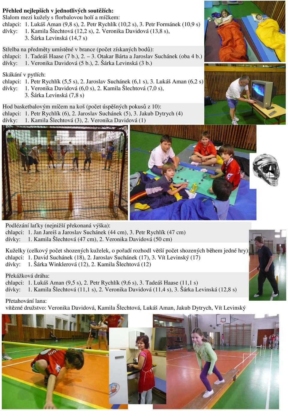 ) dívky: 1. Veronika Davidová (5 b.), 2. Šárka Levinská (3 b.) Skákání v pytlích: chlapci: 1. Petr Rychlík (5,5 s), 2. Jaroslav Suchánek (6,1 s), 3. Lukáš Aman (6,2 s) dívky: 1.