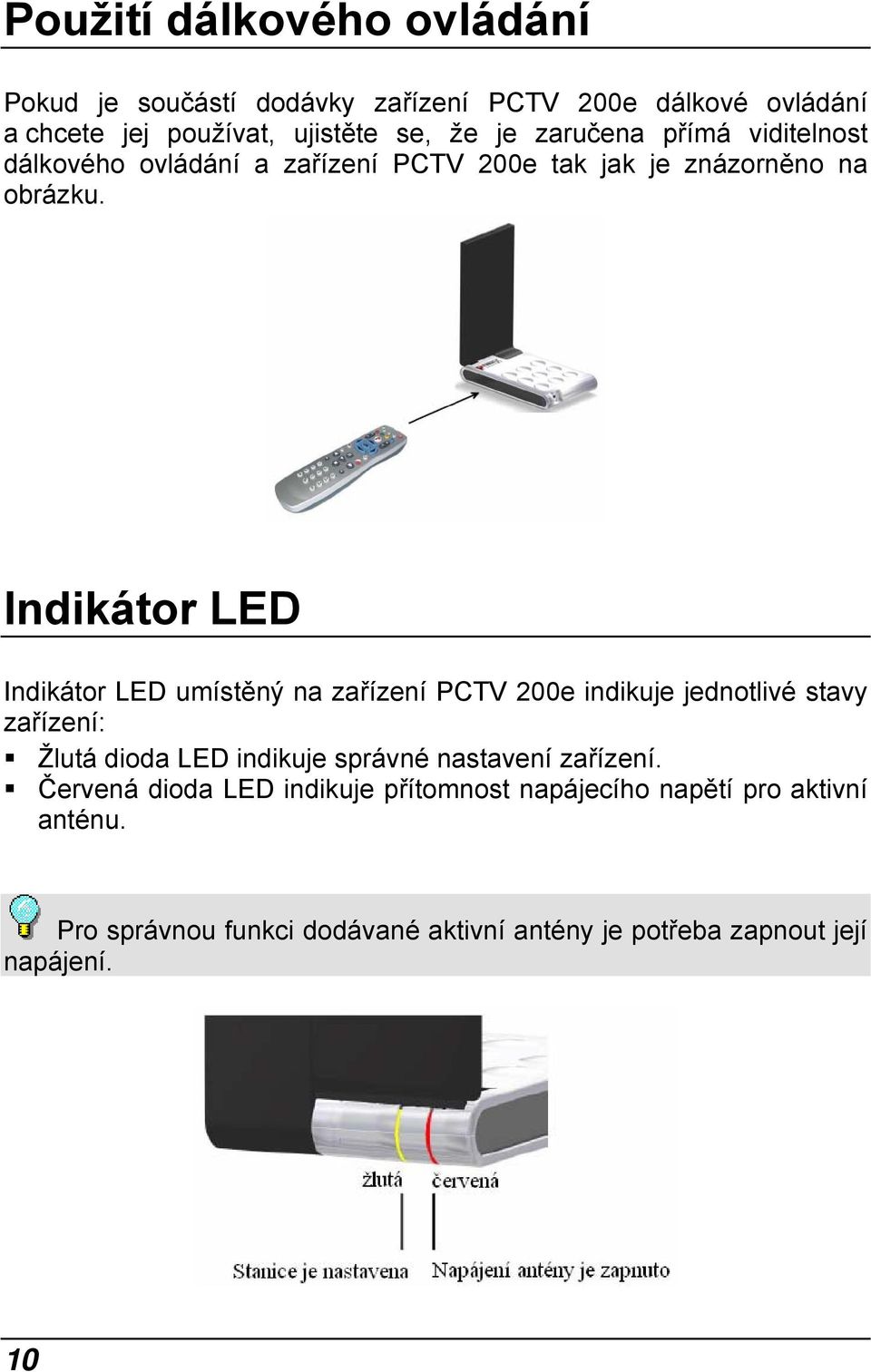 Indikátor LED Indikátor LED umístěný na zařízení PCTV 200e indikuje jednotlivé stavy zařízení: Žlutá dioda LED indikuje správné