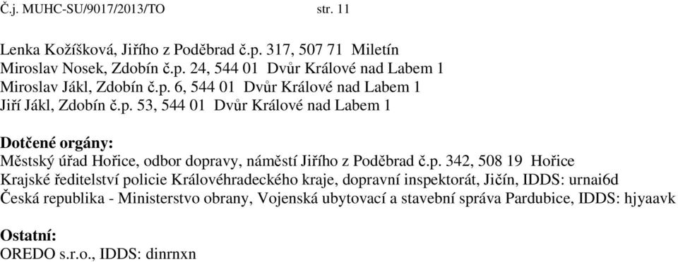 p. 342, 508 19 Hořice Krajské ředitelství policie Královéhradeckého kraje, dopravní inspektorát, Jičín, IDDS: urnai6d Česká republika - Ministerstvo