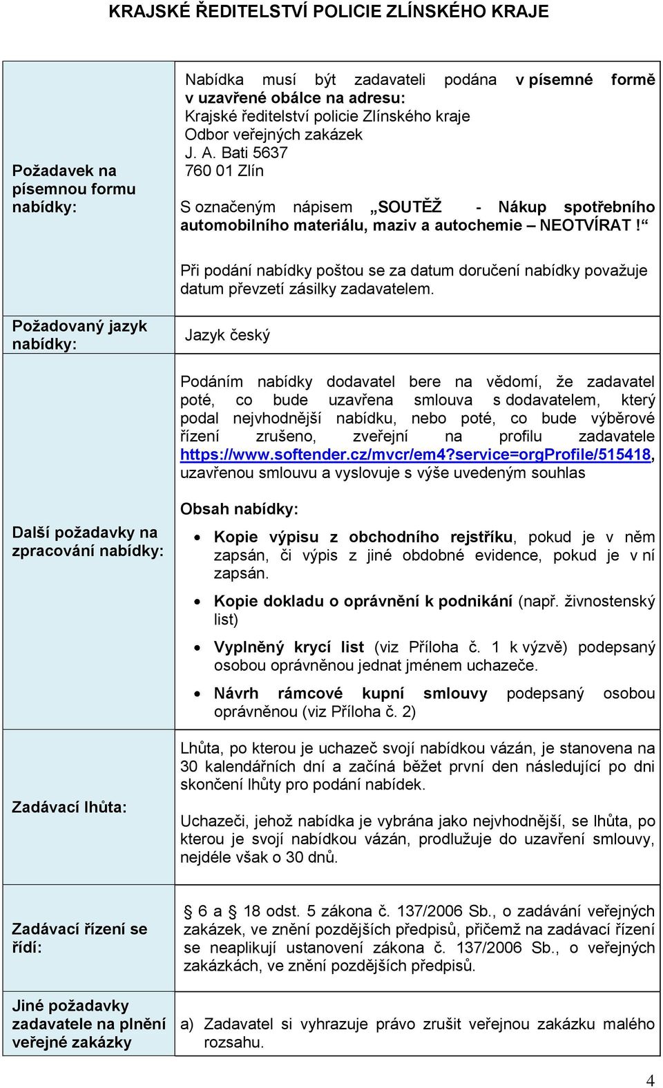 Při podání nabídky poštou se za datum doručení nabídky považuje datum převzetí zásilky zadavatelem.