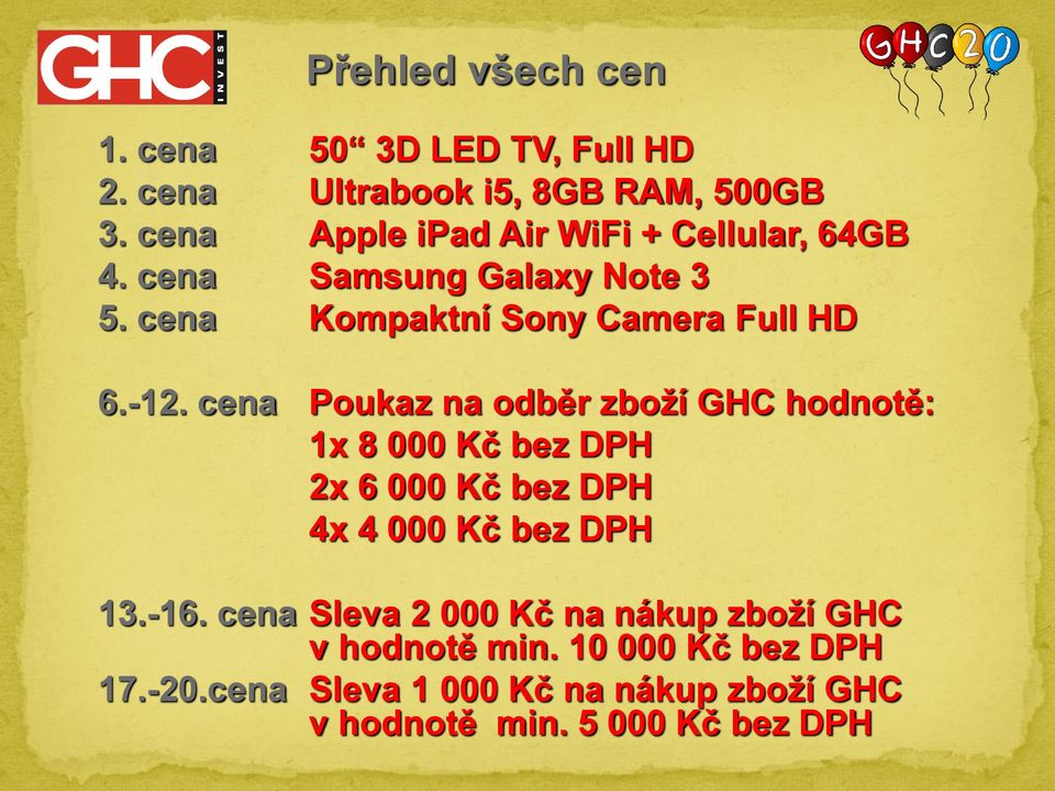 cena Poukaz na odběr zboží GHC hodnotě: 1x 8 000 Kč bez DPH 2x 6 000 Kč bez DPH 4x 4 000 Kč bez DPH 13.-16.