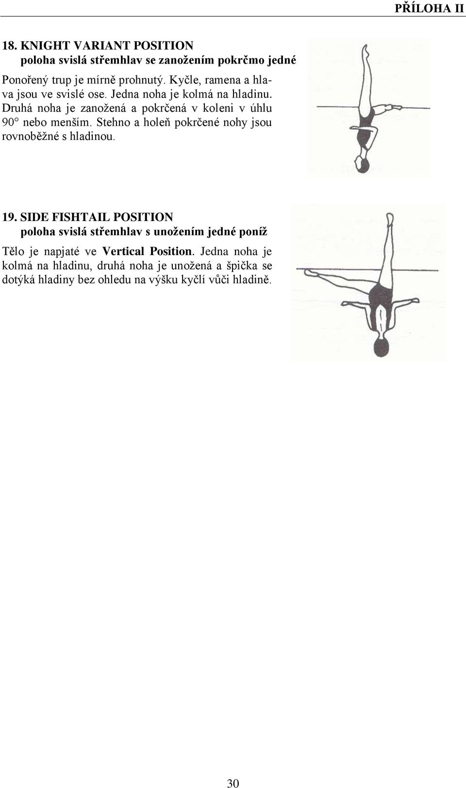 Druhá noha je zanožená a pokrčená v koleni v úhlu 90 nebo menším. Stehno a holeň pokrčené nohy jsou rovnoběžné s hladinou. 19.