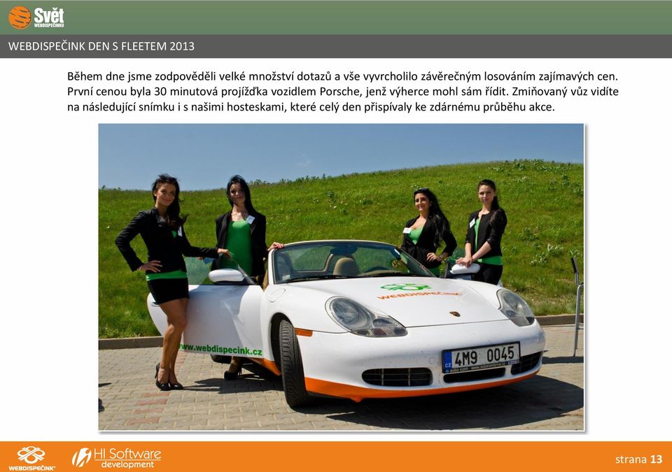První cenou byla 30 minutová projížďka vozidlem Porsche, jenž výherce mohl sám řídit.
