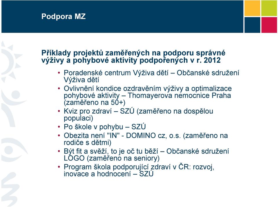 Thomayerova nemocnice Praha (zaměřeno na 50+) Kviz pro zdraví SZÚ (zaměřeno na dospělou populaci) Po škole v pohybu SZÚ Obezita není "IN" -