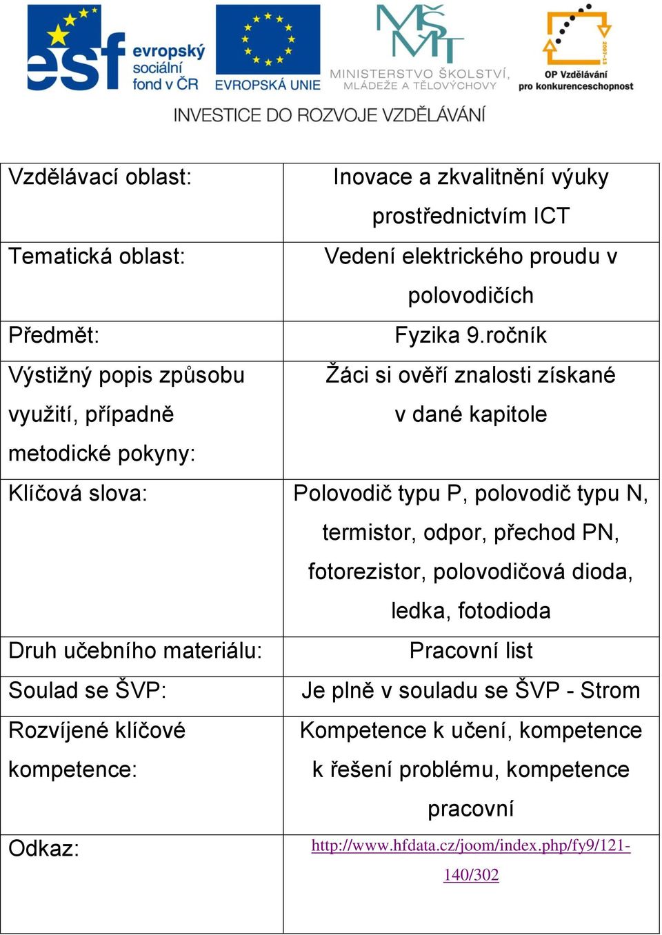 typu N, termistor, odpor, přechod PN, fotorezistor, polovodičová dioda, ledka, fotodioda Druh učebního materiálu: Pracovní list Soulad se ŠVP: Je plně v