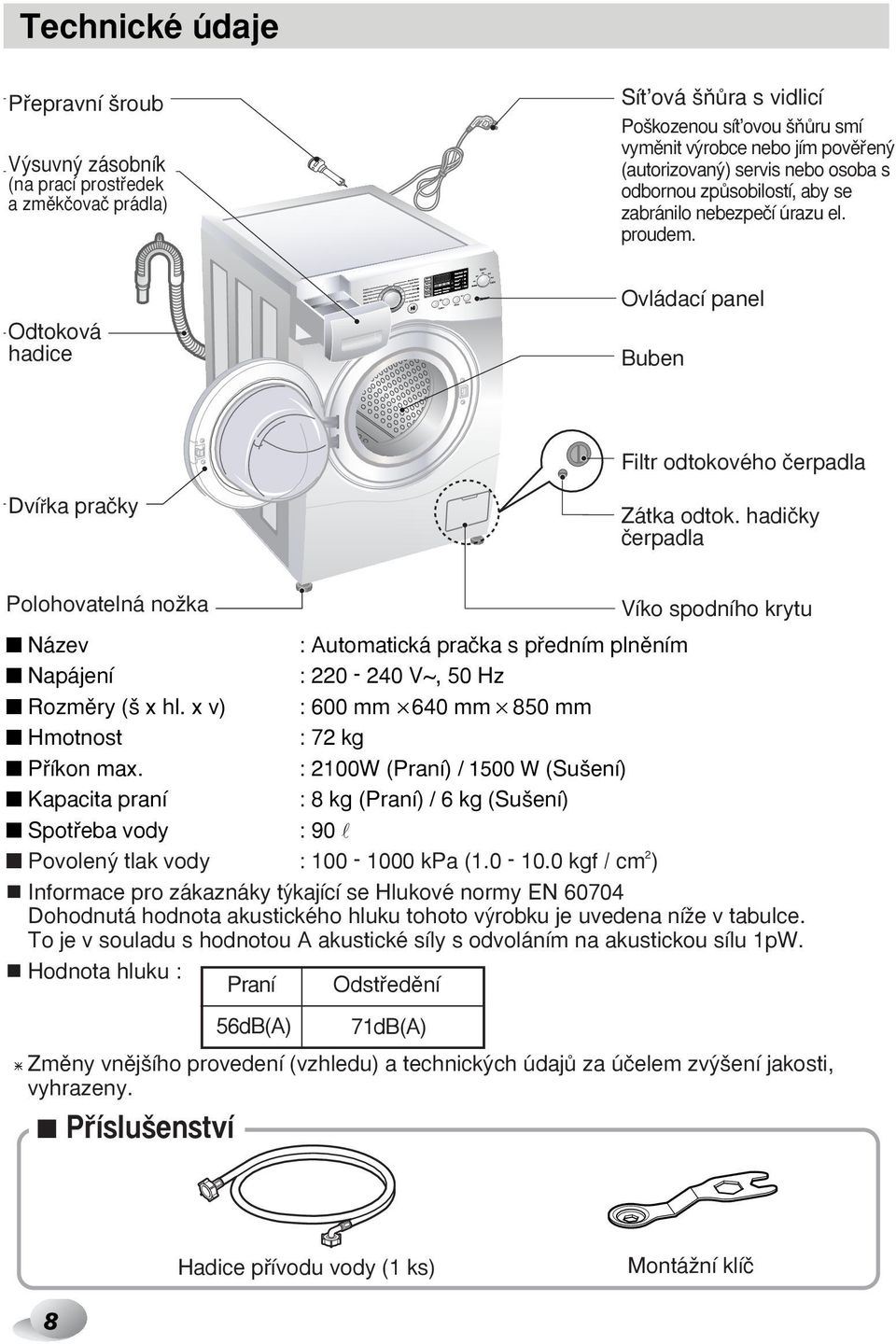 hadiãky ãerpadla Polohovatelná noïka Víko spodního krytu Název : Automatická praãka s pfiedním plnûním Napájení : 220-240 V~, 50 Hz Rozmûry ( x hl.