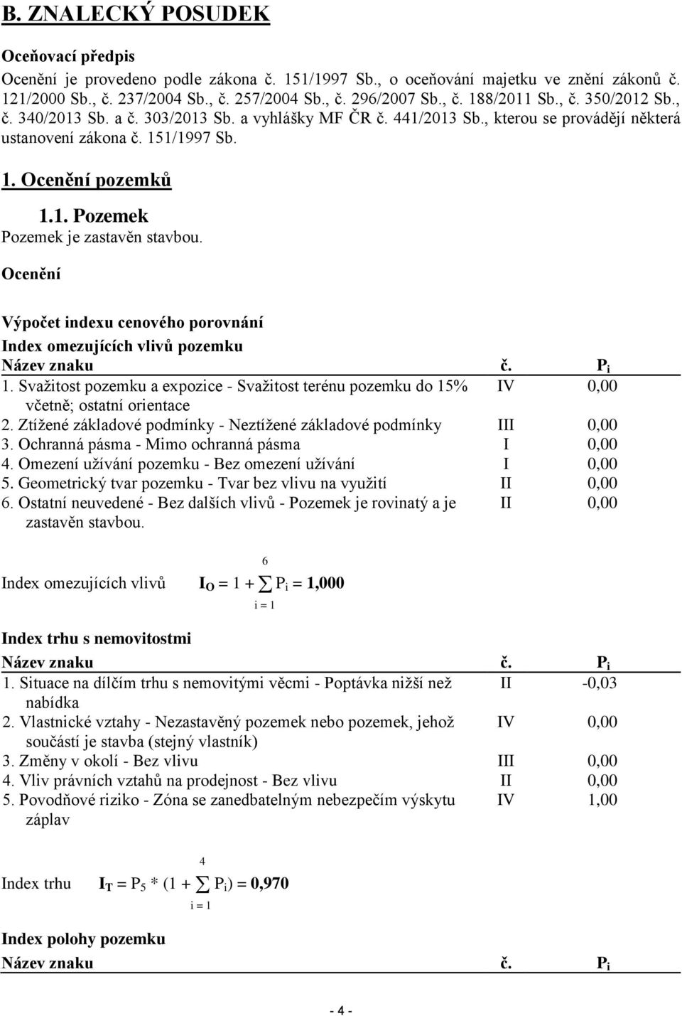 Ocenění Výpočet indexu cenového porovnání Index omezujících vlivů pozemku Název znaku č. P i 1. Svažitost pozemku a expozice - Svažitost terénu pozemku do 15% IV 0,00 včetně; ostatní orientace 2.
