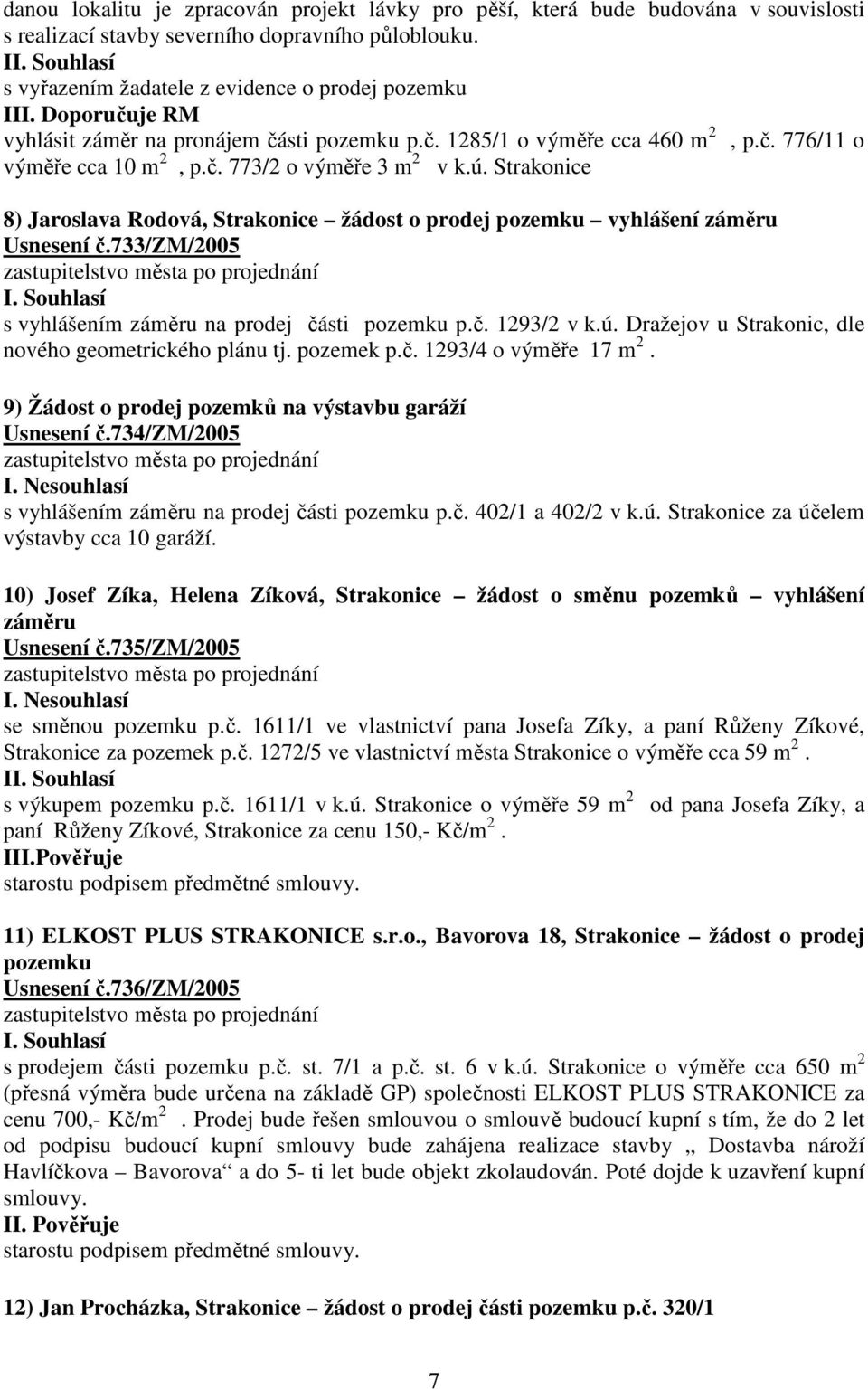Strakonice 8) Jaroslava Rodová, Strakonice žádost o prodej pozemku vyhlášení záměru Usnesení č.733/zm/2005 s vyhlášením záměru na prodej části pozemku p.č. 1293/2 v k.ú.