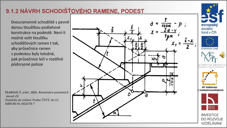 Není-li možné volit tloušťku schodišťových ramen t tak, aby průsečnice ramen spodestou byly totožné, pak