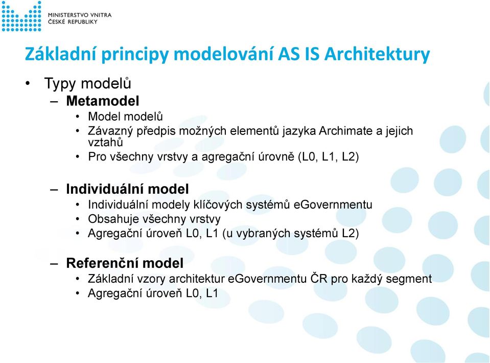 model Individuální modely klíčových systémů egovernmentu Obsahuje všechny vrstvy Agregační úroveň L0, L1 (u