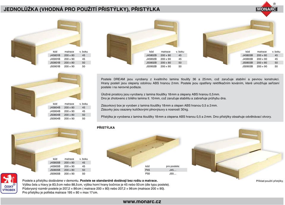 Hrany postelí jsou olepeny odolnou ABS hranou 2 mm. Postele jsou opatřeny rektifikačním kováním, které umožňuje seřízení postele i na nerovné podlaze.