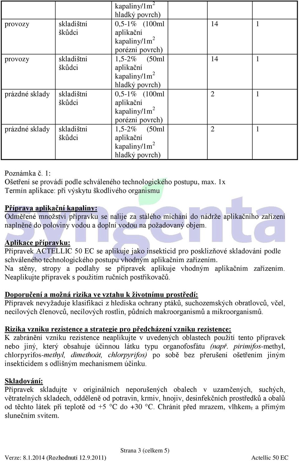 požadovaný objem. Aplikace přípravku: Přípravek ACTELLIC 50 EC se aplikuje jako insekticid pro posklizňové skladování podle schváleného technologického postupu vhodným m zařízením.