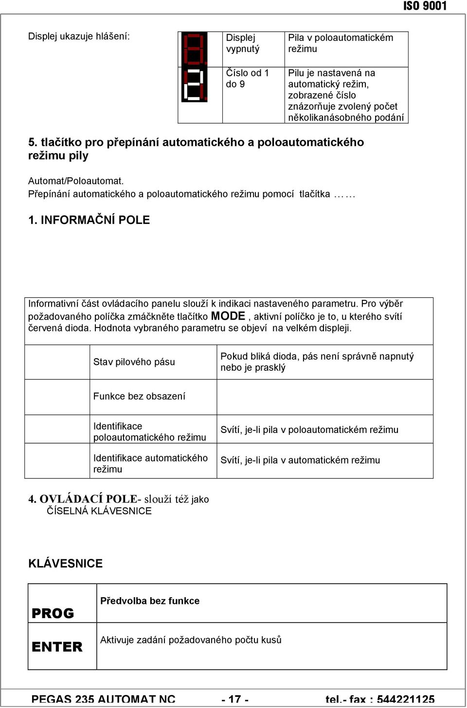 INFORMAČNÍ POLE Informativní část ovládacího panelu slouží k indikaci nastaveného parametru.