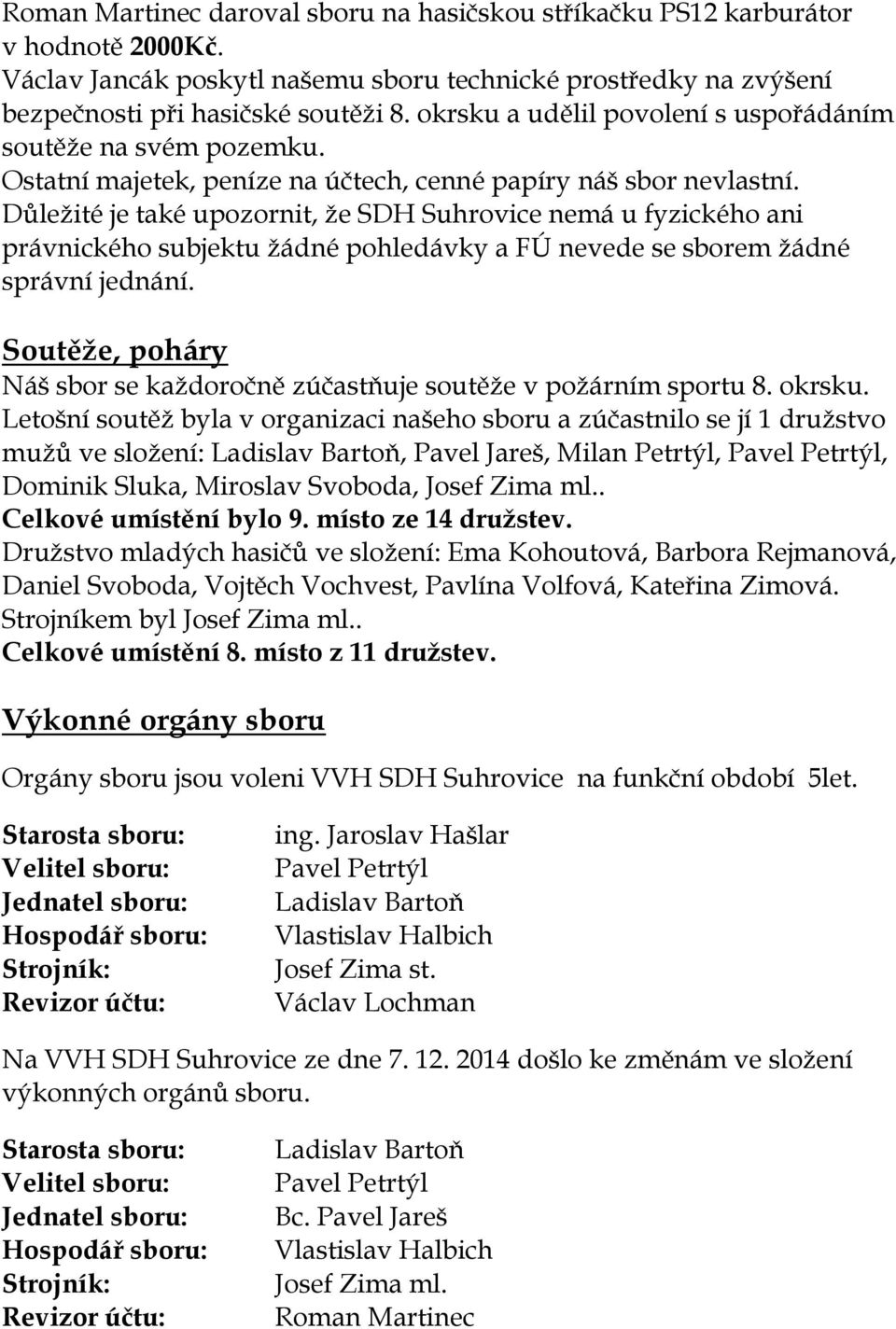 Důležité je také upozornit, že SDH Suhrovice nemá u fyzického ani právnického subjektu žádné pohledávky a FÚ nevede se sborem žádné správní jednání.