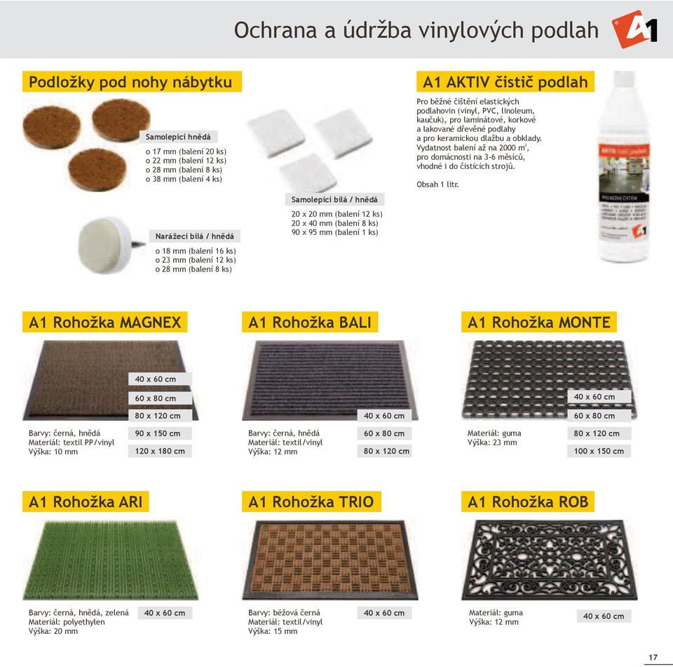 podlahovin (vinyl, PVC, linoleum, kaučuk), pro laminátové, korkové a lakované dřevěné podlahy a pro keramickou dlažbu a obklady.