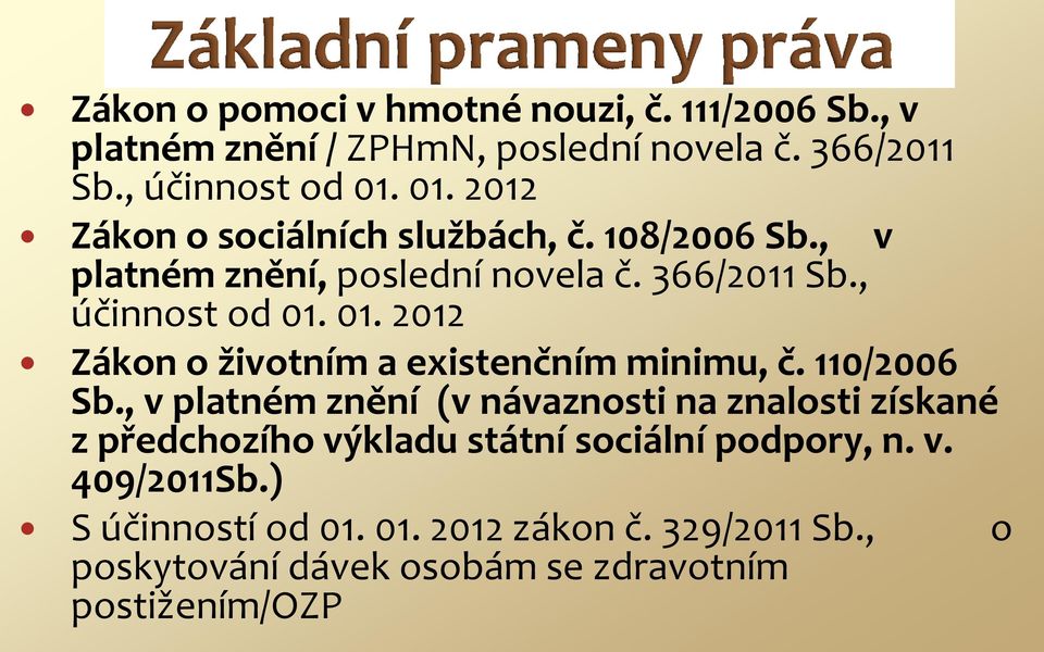 01. 2012 Zákon o životním a existenčním minimu, č. 110/2006 Sb.