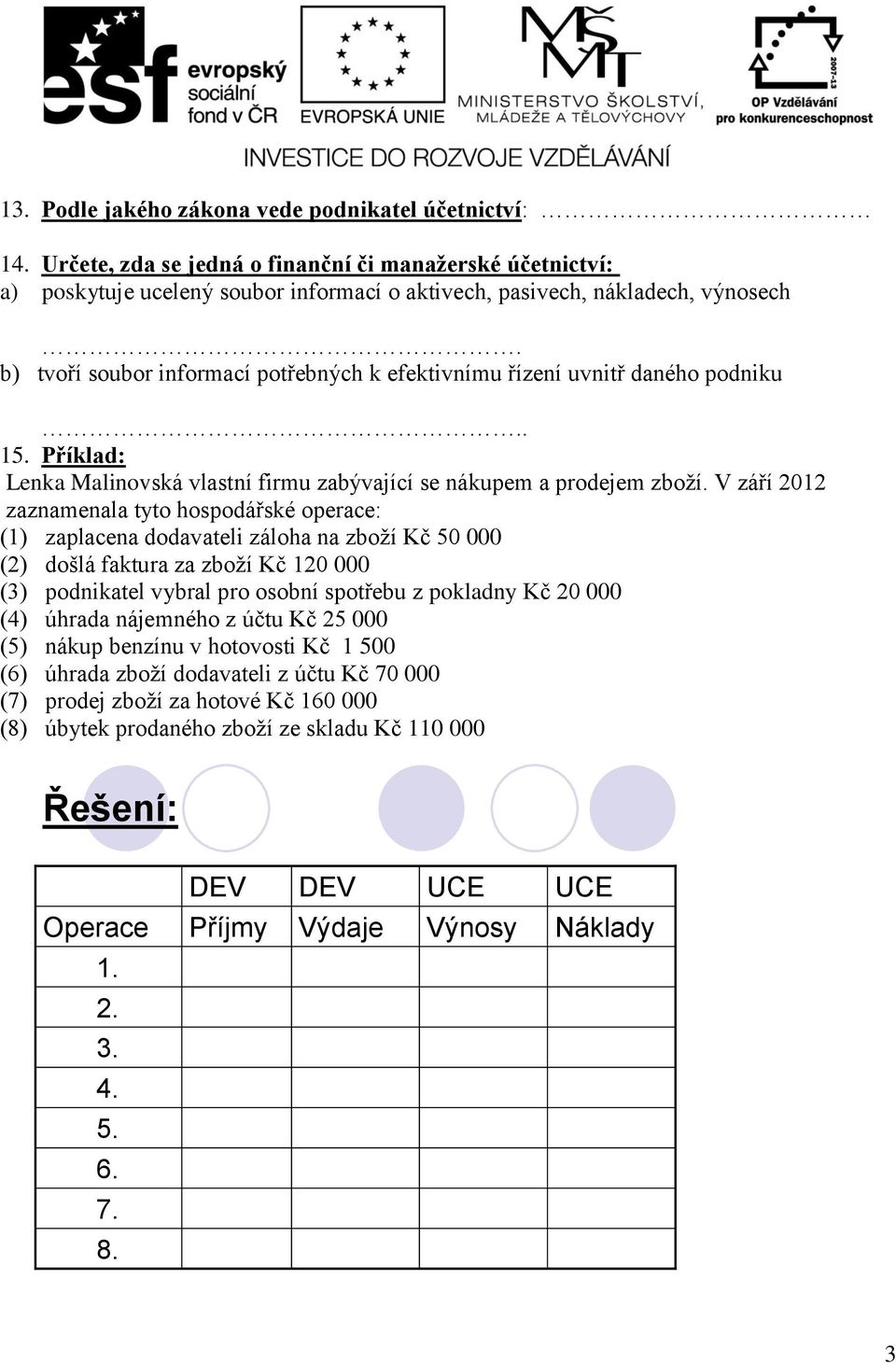 V září 2012 zaznamenala tyto hospodářské operace: (1) zaplacena dodavateli záloha na zboží Kč 50 000 (2) došlá faktura za zboží Kč 120 000 (3) podnikatel vybral pro osobní spotřebu z pokladny Kč 20