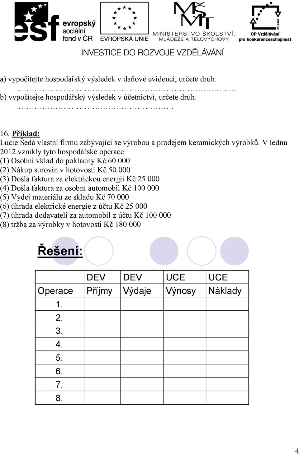 V lednu 2012 vznikly tyto hospodářské operace: (1) Osobní vklad do pokladny Kč 60 000 (2) Nákup surovin v hotovosti Kč 50 000 (3) Došlá faktura za elektrickou energii Kč 25 000