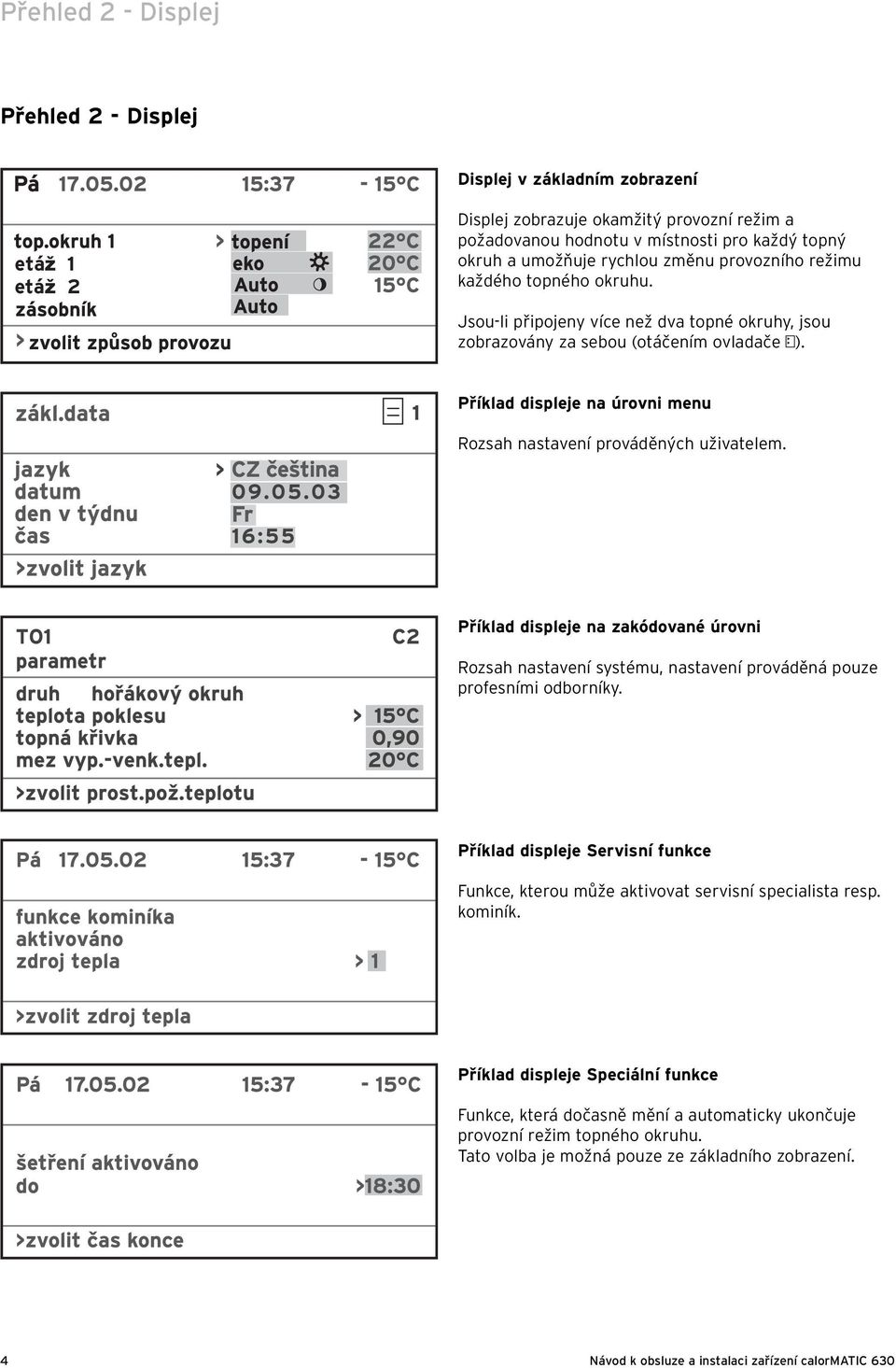 Příklad displeje na úrovni menu Rozsah nastavení prováděných uživatelem. Příklad displeje na zakódované úrovni Rozsah nastavení systému, nastavení prováděná pouze profesními odborníky.