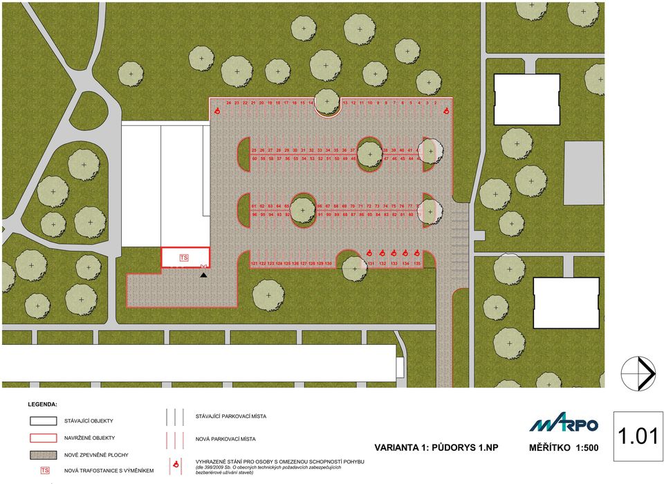 LEGENDA: TS STÁVAJÍCÍ OBJEKTY NAVRŽENÉ OBJEKTY NOVÉ ZPEVNĚNÉ PLOCHY NOVÁ TRAFOSTANICE S VÝMĚNÍKEM TEPLA STÁVAJÍCÍ PARKOVACÍ MÍSTA NOVÁ PARKOVACÍ MÍSTA VYHRAZENÉ STÁNÍ PRO