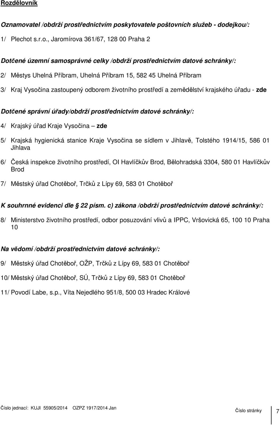 Dotčené správní úřady/obdrží prostřednictvím datové schránky/: 4/ Krajský úřad Kraje Vysočina zde 5/ Krajská hygienická stanice Kraje Vysočina se sídlem v Jihlavě, Tolstého 1914/15, 586 01 Jihlava 6/