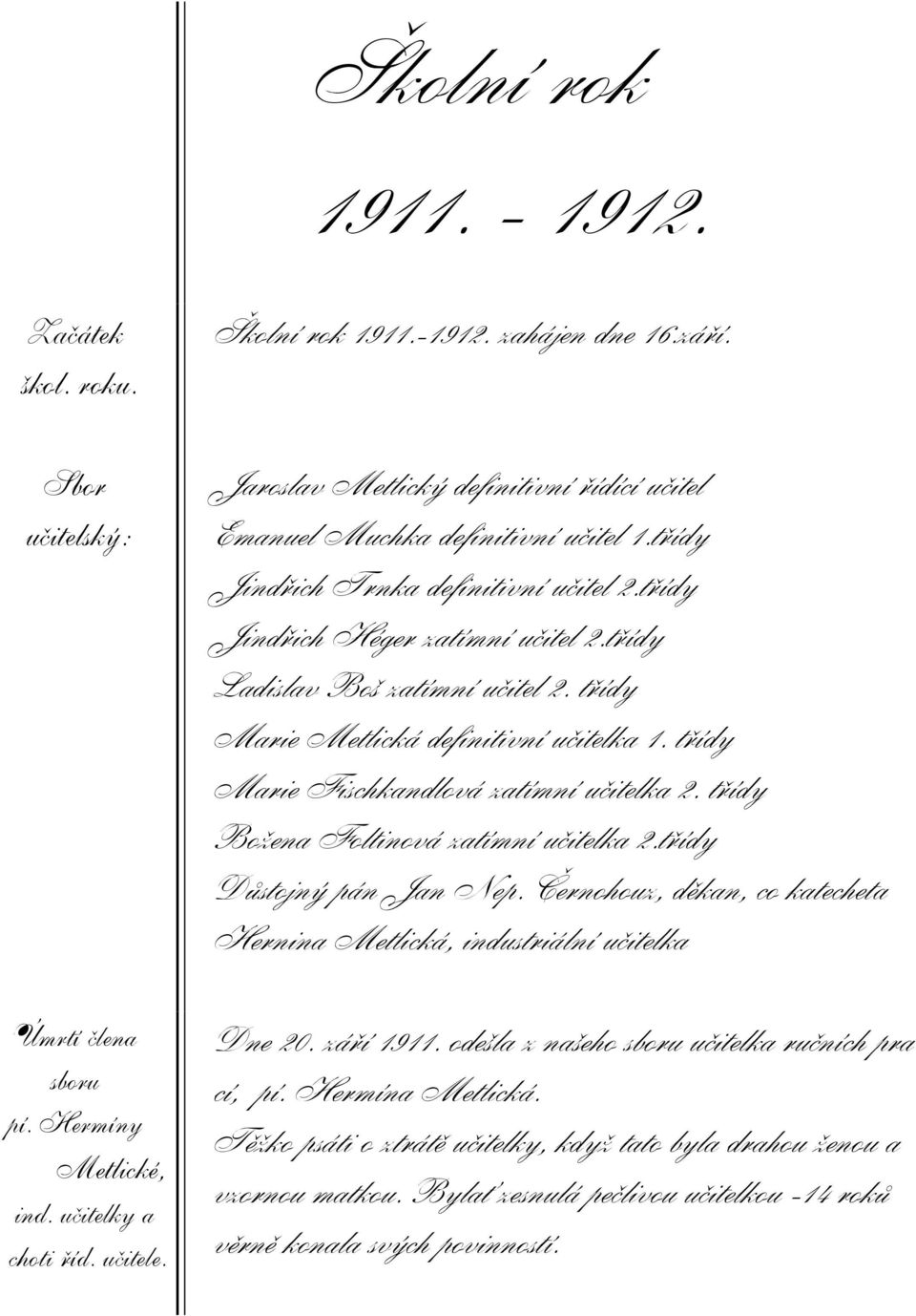 tøídy Marie Metlická definitivní uèitelka 1. tøídy Marie Fischkandlová zatímní uèitelka 2. tøídy Boāena Foltinová zatímní uèitelka 2.tøídy Dùstojný pán Jan Nep.