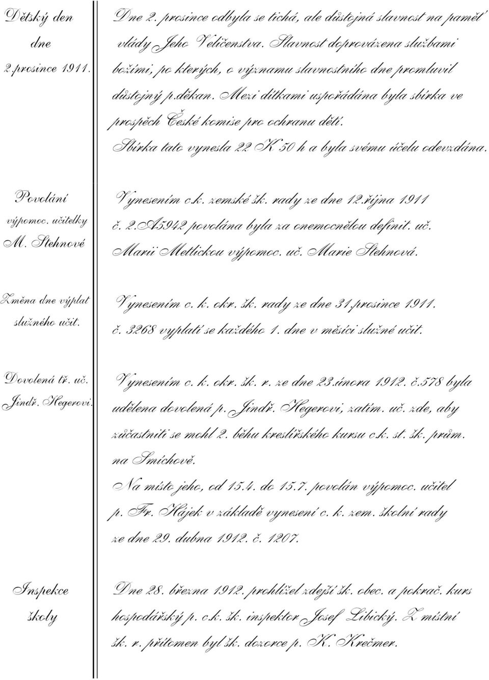 Mezi dítkami uspoøádána byla sbírka ve prospìch Èeské komise pro ochranu dìtí. Sbírka tato vynesla 22 K 50 h a byla svému úèelu odevzdána. Vynesením c.k. zemské šk. rady ze dne 12.øíjna 1911 è. 2.A5942 povolána byla za onemocnìlou definit.