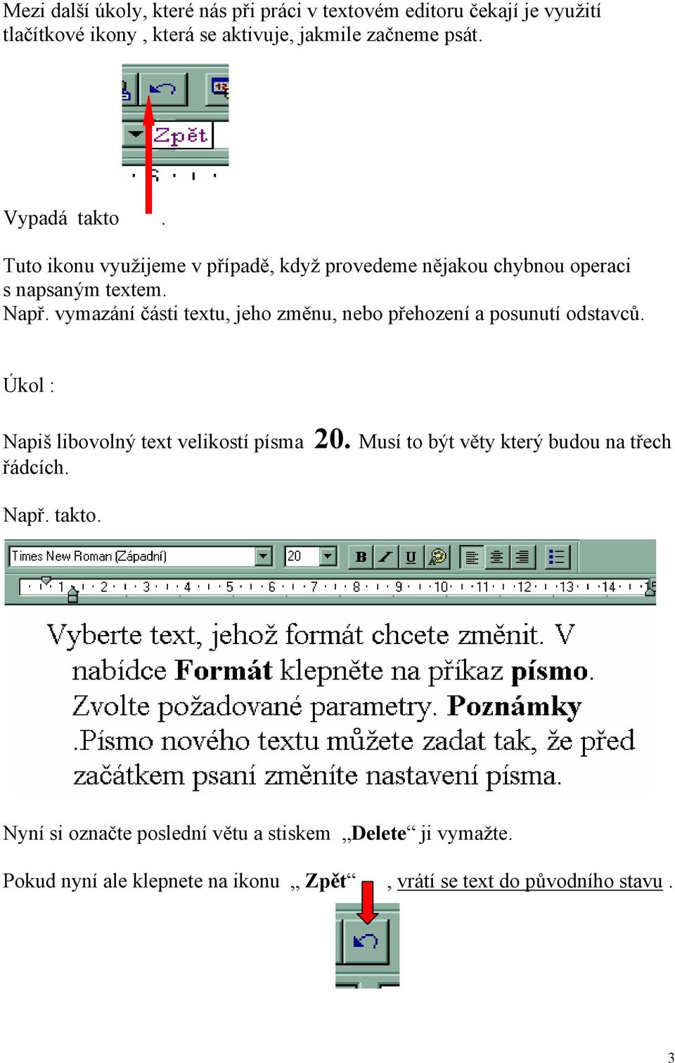 vymazání části textu, jeho změnu, nebo přehození a posunutí odstavců. Úkol : Napiš libovolný text velikostí písma 20.