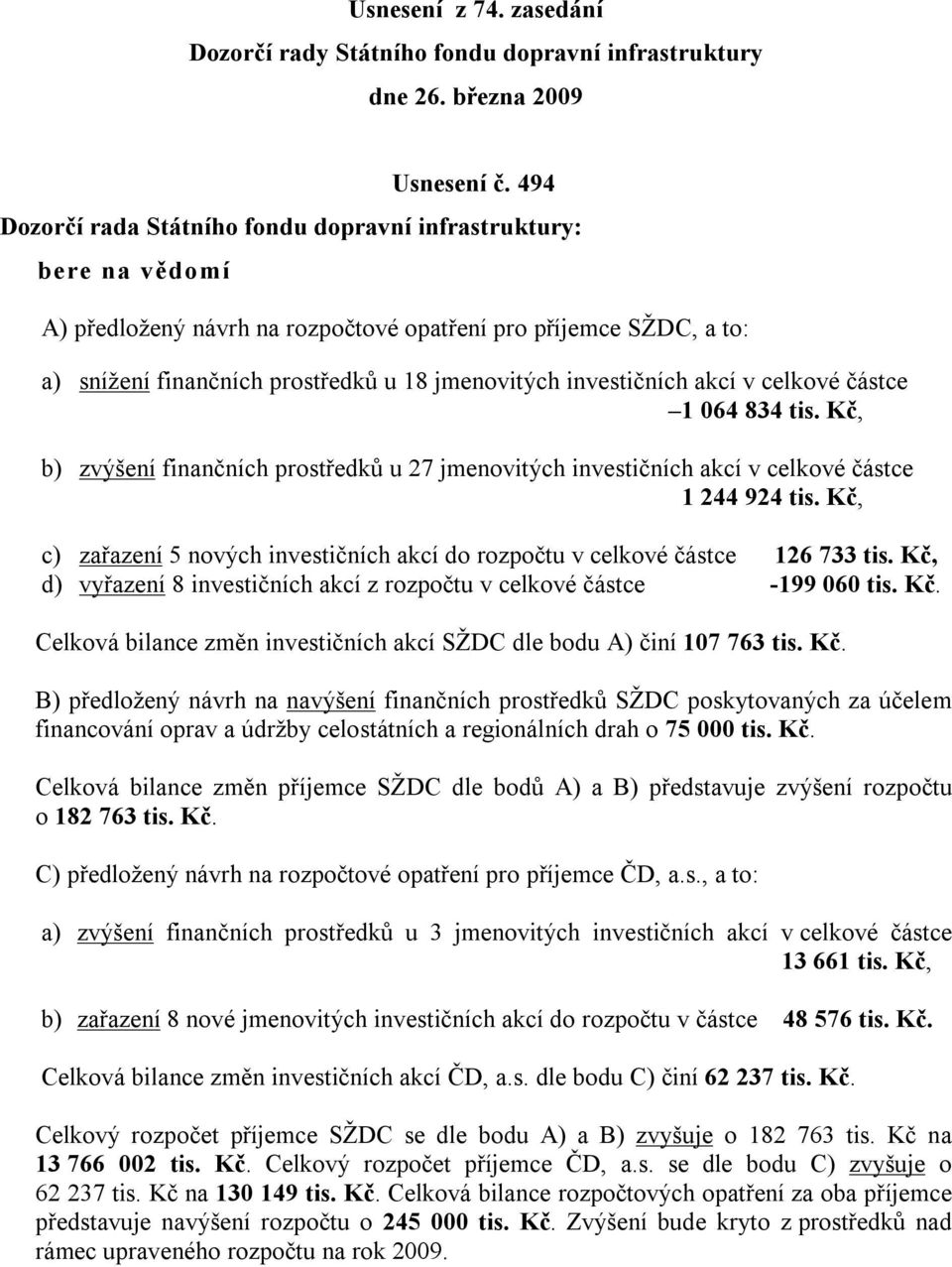 investičních akcí v celkové částce 1 064 834 tis. Kč, b) zvýšení finančních prostředků u 27 jmenovitých investičních akcí v celkové částce 1 244 924 tis.