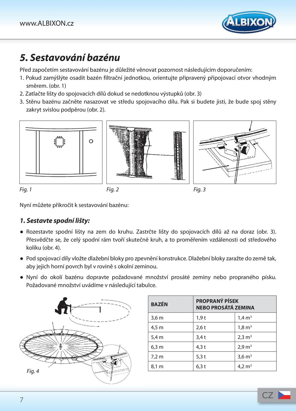 Stěnu bazénu začněte nasazovat ve středu spojovacího dílu. Pak si budete jisti, že bude spoj stěny zakryt svislou podpěrou (obr. 2). Fig. 1 Fig. 2 Fig. 3 Nyní můžete přikročit k sestavování bazénu: 1.