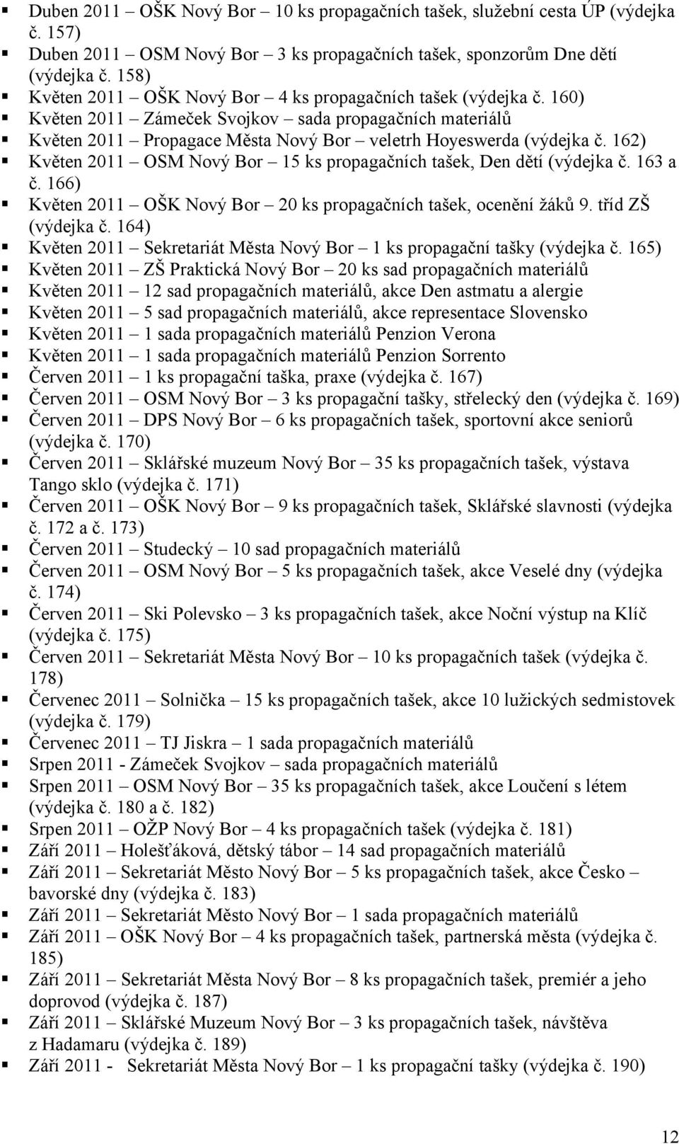 162) Květen 2011 OSM Nový Bor 15 ks propagačních tašek, Den dětí (výdejka č. 163 a č. 166) Květen 2011 OŠK Nový Bor 20 ks propagačních tašek, ocenění žáků 9. tříd ZŠ (výdejka č.