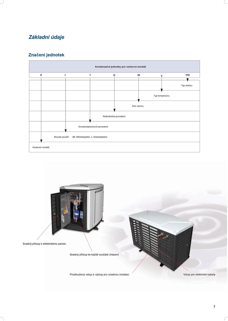 Středoteplotní, L: Nízkoteplotní) Venkovní montáž Snadný přístup k elektrickému panelu Snadný