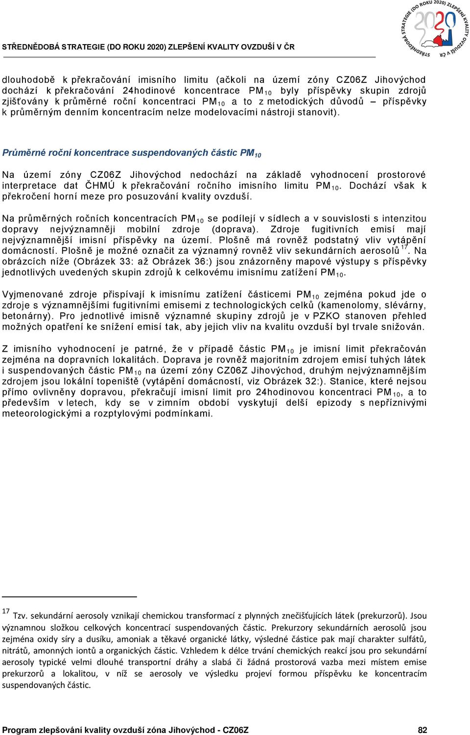Průměrné roční koncentrace suspendovaných částic PM 10 Na území zóny CZ06Z Jihovýchod nedochází na základě vyhodnocení prostorové interpretace dat ČHMÚ k překračování ročního imisního limitu PM 10.