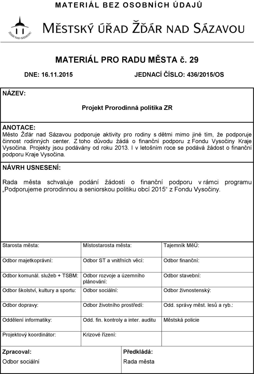 Z toho důvodu žádá o finanční podporu z Fondu Vysočiny Kraje Vysočina. Projekty jsou podávány od roku 2013. I v letošním roce se podává žádost o finanční podporu Kraje Vysočina.