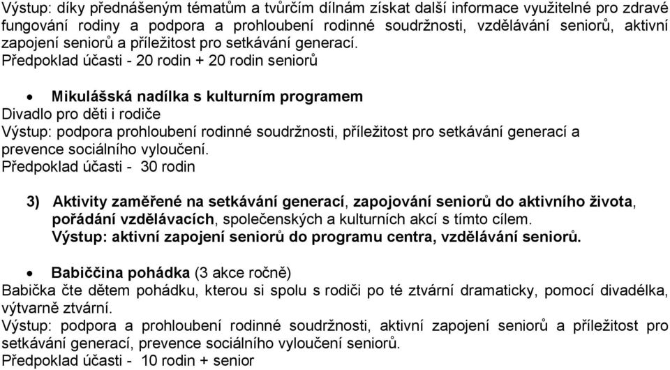 Předpoklad účasti - 20 rodin + 20 rodin seniorů Mikulášská nadílka s kulturním programem Divadlo pro děti i rodiče Výstup: podpora prohloubení rodinné soudržnosti, příležitost pro setkávání generací