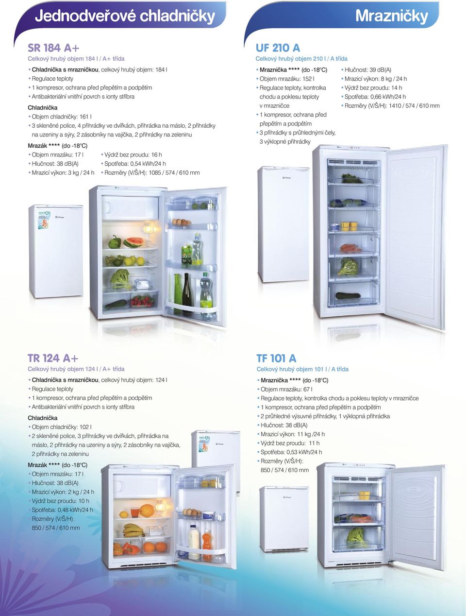 proudu: 16 h Spotřeba: 0,54 kwh/24 h 1085 / 574 / 610 mm UF 210 A Celkový hrubý objem 210 l / A třída Mraznička **** (do -18 C) Objem mrazáku: 152 l Regulace teploty, kontrolka chodu a poklesu